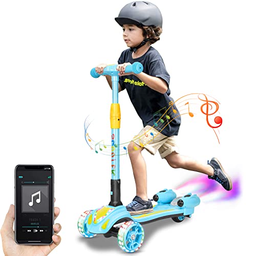 Patinete de 3 ruedas para niños de 3 a 10 años, altura regulable de 3 ruedas, Bluetooth incorporado, con pulverizador de vapor y ruedas luminosas, plegable, para niños, jóvenes y niñas (azul)