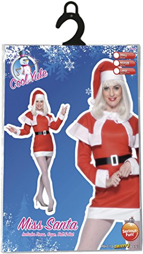 Smiffys-24506S Disfraz de Forro Polar de Miss Santa, con Vestido, Capa, cinturón y Gorro, Color Rojo, S-EU Tamaño 36-38 (Smiffy'S 24506S)