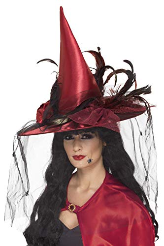 Smiffys- Halloween Sombrero de bruja, Rojo oscuro, con tul y plumas, de lujo, Color, Tamaño único (Smiffy's 36720) , color/modelo surtido