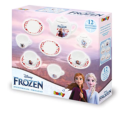 Smoby Vajilla de Porcelana (10 Piezas), Frozen Juego de Taza, Plato, azucarero y Tetera, diseño con Licencia para niños a Partir de 3 años, Color carbón (7600310538)