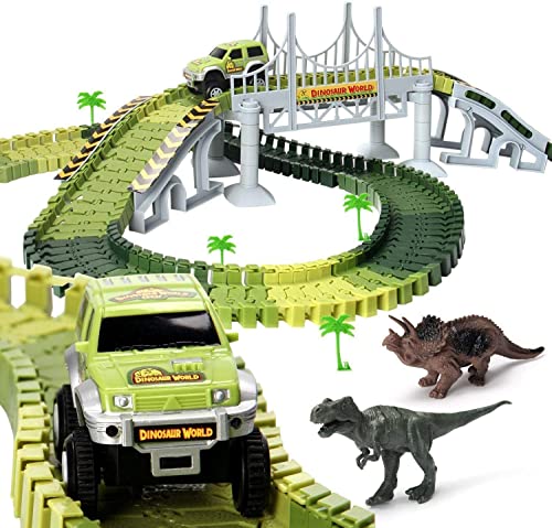 ToyVelt Dinosaur Toys Race Track Toy Set - 206 Pieces Road Race-Flexible Track Set - Create a Road Toy Dinosaur World For Christmas & Birthday Gift For Boys & Girls Ages 3,4,5,6, Years Old and up