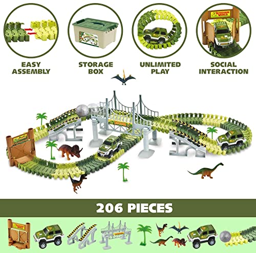 ToyVelt Dinosaur Toys Race Track Toy Set - 206 Pieces Road Race-Flexible Track Set - Create a Road Toy Dinosaur World For Christmas & Birthday Gift For Boys & Girls Ages 3,4,5,6, Years Old and up