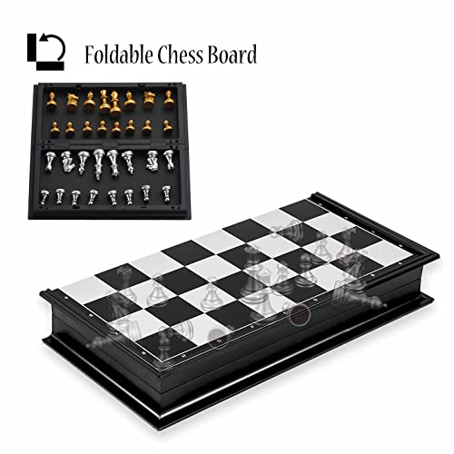 UB Juego de ajedrez de viaje magnético plegable para niños o adultos Juego de mesa de ajedrez 9.8X9.8X0.8" - Piezas de ajedrez dorado y plateado