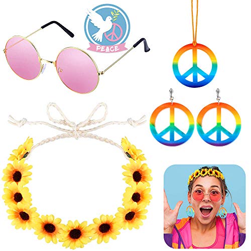 XCOZU Accesorios Hippies, Conjunto de Disfraz Hippies Incluir 1 Artículo Collar Hippie Colgante Hippie y 2 Artículo Aretes, 1 Artículo Rosa Gafas Hippie y Diadema de Girasol Utilizado para Fiestas