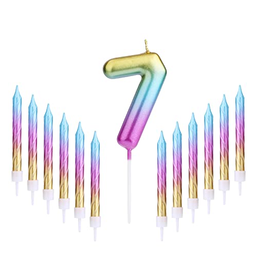 1 Juego de 6,9 cm Velas de Cumpleaños, Vela en Espiral con Degradado de Arcoíris para Fiestas de Aniversario de Cumpleaños (Número 7, con 12 Velas)