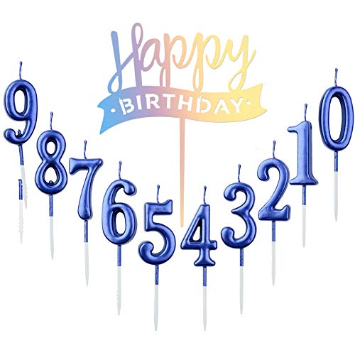 10 unidades número 0-9 cumpleaños números pastel velas + 1 pieza Carta Alles Gute zum Geburtstag Glitter Cake Topper decoración pastel número de velas digitales para fiesta de cumpleaños boda (azul)