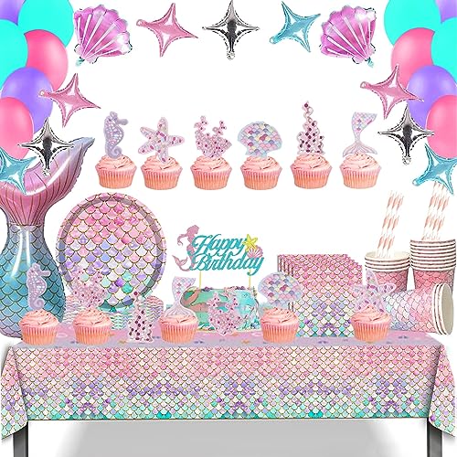 120 Piezas Decoracion Cumpleaños Sirena,Platos y Vasos para Sirena ,Juego de Vajilla de Fiesta de Cumpleaños de Sirenita Suministros de Fiesta de Sirena 20 Invitados