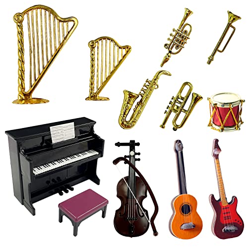 13 modelos de instrumentos musicales en miniatura, miniconjuntos de instrumentos musicales lindos e interesantes, modelos de instrumentos musicales de plástico como guitarras, pianos, tambores, etc.