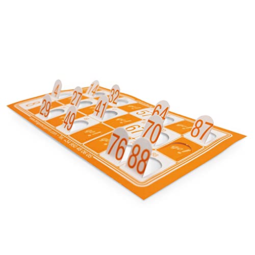 192 Cartones de Bingo troquelados Reutilizables, cartones Bingo troquelados para facilitar la Marca de los números con los Dedos. Cartones Bingo de 90 Bolas. (Naranja)