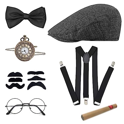 1920s Gatsby Accesorios Hombre, 7 Piezas Accesorios Disfraz Años 20, Disfraz de Gatsby con Sombrero de Panamá Tirantes Reloj de Bolsillo Pajarita Bigote Falso Gafas, para Carnaval Mascarada Halloween
