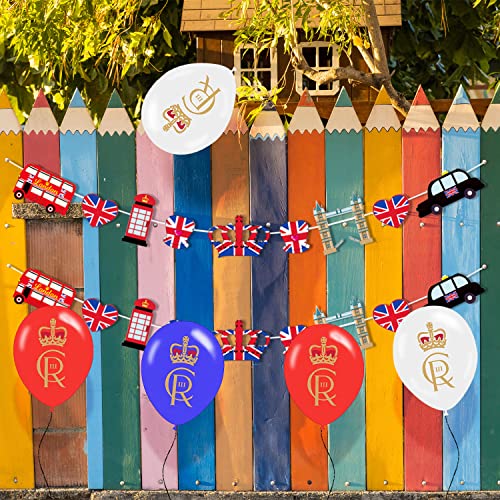 2 cartas de rey tira de banderas con 12 globos para celebrar la coronación del rey Carlos III del Reino Unido. La bandera es adecuada para celebraciones, eventos callejeros, bodas y cumpleaños.