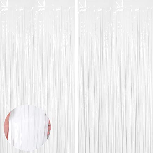 2 cortinas de papel de aluminio blanco de 3.3 pies x 6.5 pies, cortinas de flecos de papel de aluminio para cumpleaños, graduación, boda, compromiso, despedida de soltera, Navidad, decoración de