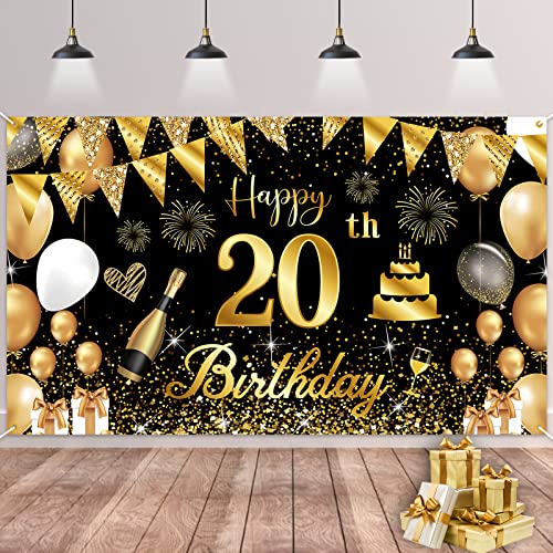 20 Años Decoración de Fiesta de Cumpleaños,Oro Negro Grande Póste 20 Aniversario Feliz Cumpleaños Pancarta,20 Hombre Mujer Pancarta 20 Fiesta de Cumpleaños