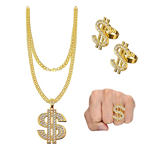 3 Piezas Collar y Anillos Dólar Hip Hop,Cadena con Colgante de Signo de Dólar,Hombre Chapado Collares en Oro Hip Hop,Collar de Dólar de Oro con Anillo de Dólar de Oro,para Fiesta de Carnaval Unisex