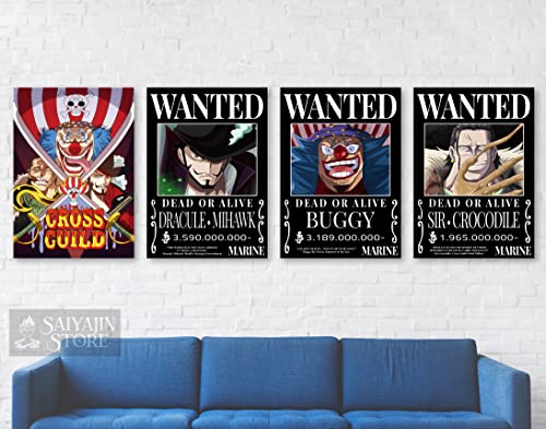 4 en 1 One Piece Anime Cross Guild [estilo negro] Wanted Poster Mihawk Buggy Cocodrile, juego de 4 unidades, DIN A3 (297 x 420 mm) mate