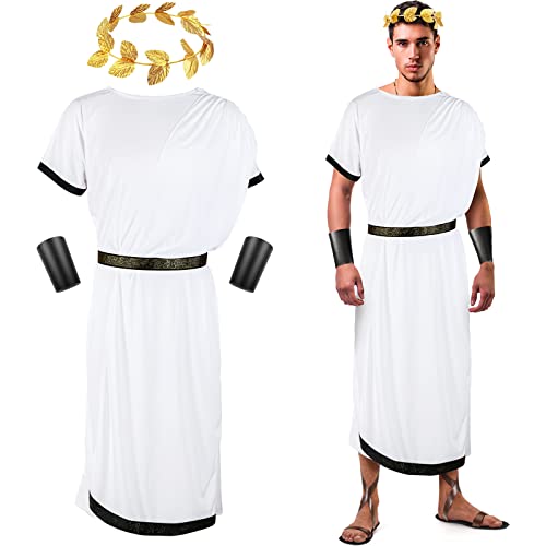 4 piezas de disfraz de Dios griego Toga blanco para hombre, disfraz romano de Toga César con hoja de laurel y corona de laurel, Oro Blanco, X-Large