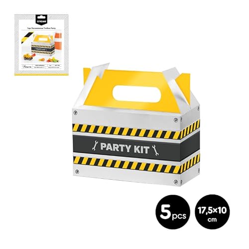 5 Unidades - Caja de Chuches con forma de caja de herramientas con temática de Construcción de 15 cm - Bolsa chuches, fiesta cumpleaños Construcción, bolsa y cajas chuches. (Caja Chuches Construcción)