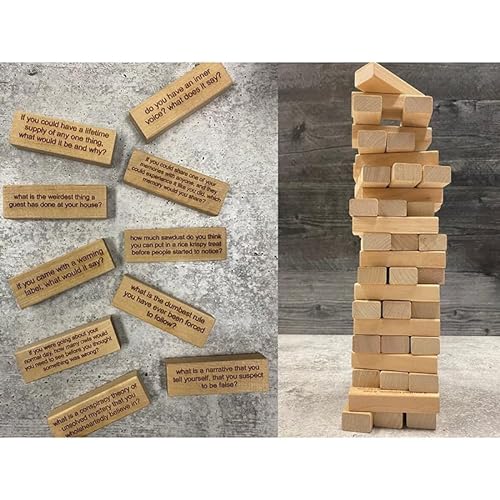 54 Pieces Questions Tumbling Tower Game, Wood Blocks Lawn Yard Outdoor Game,Wooden Stacking Games,Wooden Tumbling Tower Block Game for Family Party
