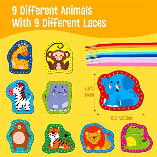 9 lacing cards, Tarjetas de coser de doble cara en 9 animales salvajes con 9 cordones de colores, juguetes de encaje para el desarrollo de la imaginación para la actividad educativa y de aprendizaje
