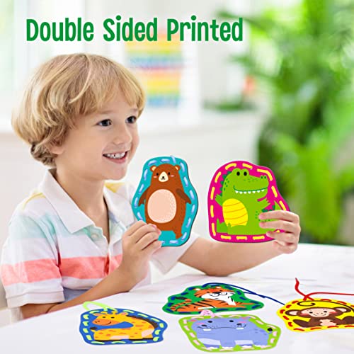 9 lacing cards, Tarjetas de coser de doble cara en 9 animales salvajes con 9 cordones de colores, juguetes de encaje para el desarrollo de la imaginación para la actividad educativa y de aprendizaje