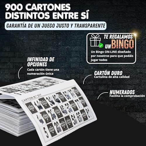 900 Cartones de Bingo Troquelados de 90 Bolas Reutilizables + Juego de Bingo Online Gratuito | Cartones sin repertir | Juegos de Mesa Tradicionales, Juego en Familia, Amigos, Navidad (Blanco y Negro)