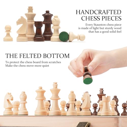 A&A Juego de ajedrez y Damas de Madera Plegable de 15 "con Piezas de ajedrez de Altura King de 3" / 2 Piezas de ajedrez de Madera de Reina Adicional / Incrustaciones de Haya, Nogal y Arce