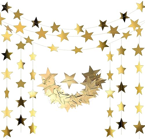 Aatpuss 5 Piezas Guirnalda de Papel de Estrellas, Guirnalda de Papel de Estrellas Brillantes, Guirnalda Estrella Colgante, para Escritorios, Estanterías, Ventanas, Aulas, Vitrinas o Puertas(Dorado)