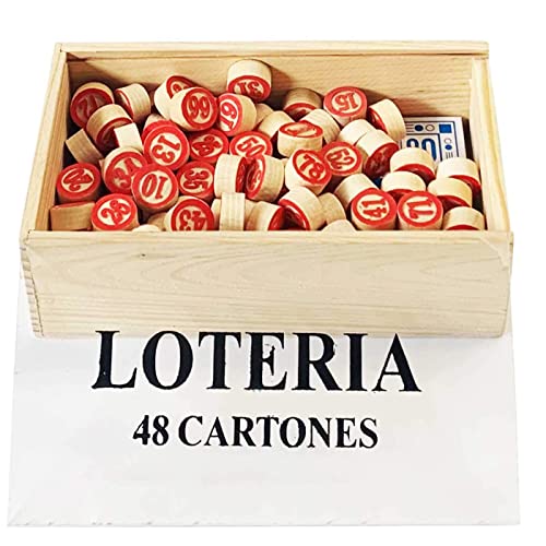 Acan Tradineur - Juego de lotería, Bingo con Caja y fichas de Madera, Incluye 48 cartones y 90 fichas de números, Juego de Mesa Tradicional - 5,8 x 18,3 x 10,3 cm