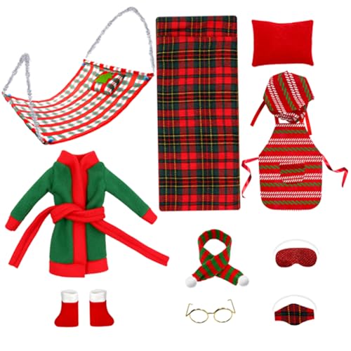 Accesorios de Elfos de 1SET Ropa de Elfo Lindo Mini Kit de Elfos de Navidad con Saco de Dormir, Bata de baño, Gafas, Chal, Accesorios de muñecas de Elfos de Hamaca para Decoraciones de muñecas