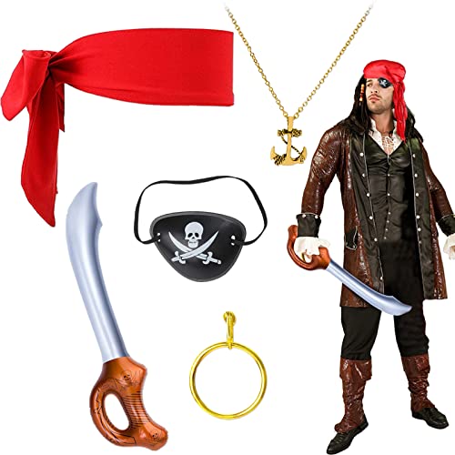 Accesorios para Disfraces de Piratas,Juego de Accesorios para Disfraz Pirata,Accesorios de Disfraz de Pirata,con Bandana Pirata,Parche de Ojo,aretes,collar,cuchillo inflable.Para Halloween,Cosplay.