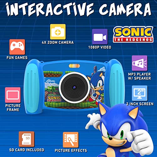 Accutime SNCC3009 Sonic - Cámara interactiva para niños (foto de 5 MP, resolución de vídeo de 1080p, zoom de 4x, 5 filtros divertidos y efecto especial, 4 juegos geniales, pantalla 2 en 1, con tarjeta