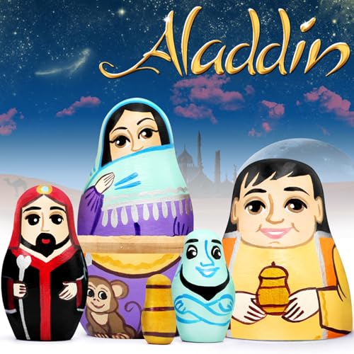 AEVVV Aladdin - Juego de 6 muñecas de anidación rusas 1001 decoraciones de noches árabes, muñeca Aladdin de 1001 noches, muñecas apilables, regalos de Aladdin