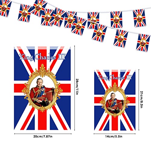 AhfuLife King Charles the Third Union Jack banderines 15 piezas, decoración de coronación de ascenso real británico del Reino Unido, 6 de mayo, decoración de pared o ventana (14 x 21 cm, 5 m)