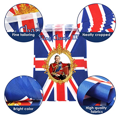 AhfuLife King Charles the Third Union Jack banderines 15 piezas, decoración de coronación de ascenso real británico del Reino Unido, 6 de mayo, decoración de pared o ventana (14 x 21 cm, 5 m)