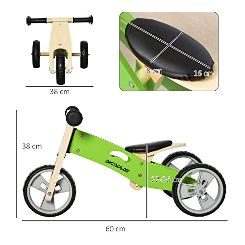 AIYAPLAY 2 en 1 Bicicleta sin Pedales de Madera para Niños de + 18 Meses Triciclo Infantil con Sillín Ajustable de 22-26 cm Carga 20 kg 60x38x38 cm Verde