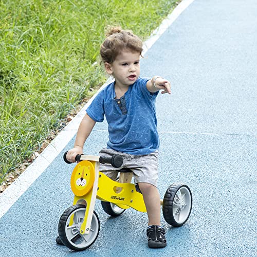 AIYAPLAY 2 en 1 Bicicleta sin Pedales de Madera para Niños de + 18 Meses Triciclo Infantil con Sillín Ajustable de 22-26 cm Carga 20 kg Estilo León 60x38x38 cm Amarillo