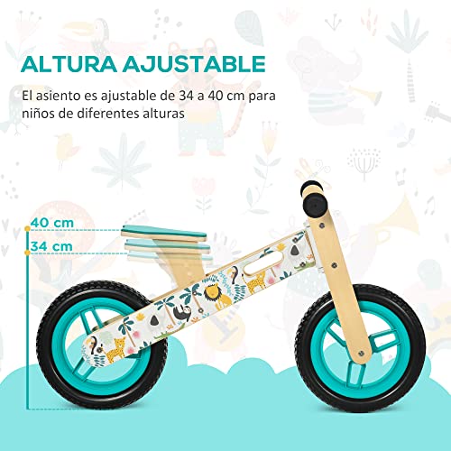 AIYAPLAY Bicicleta sin Pedales de Madera para Niños de 3-6 Años con Sillín Ajustable de 34-40 cm Bicicleta de Equilibrio Infantil con Ruedas de 12" Carga 30 kg 87x37x50 cm Turquesa