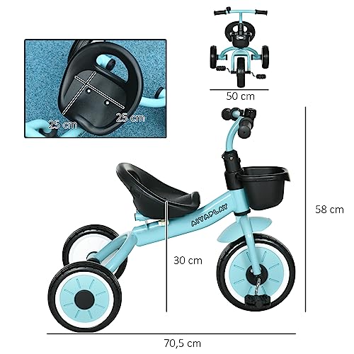 AIYAPLAY Triciclo para Niños de 2 a 5 Años Bicicleta Infantil con Asiento Ajustable Cesta Timbre Pedales y 3 Ruedas Carga 25 kg 70,5x50x58 cm Azul