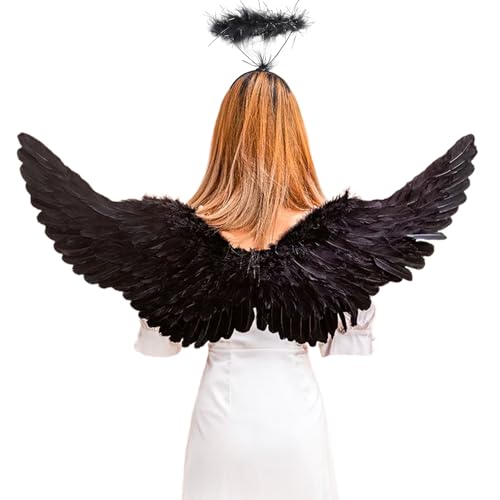 alas de ángel Negro con halo,105CM Adultos alas de ángel señoras Traje de alas de ángel señoras alas de Plumas de Carnaval para Halloween Cosplay Fiesta