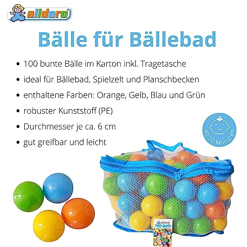 alldoro 60382 100 Bolas de plástico para Piscina de Bolas de 6 cm de diámetro, Coloridas para niños pequeños, Incluye Bolsa de Transporte de Malla