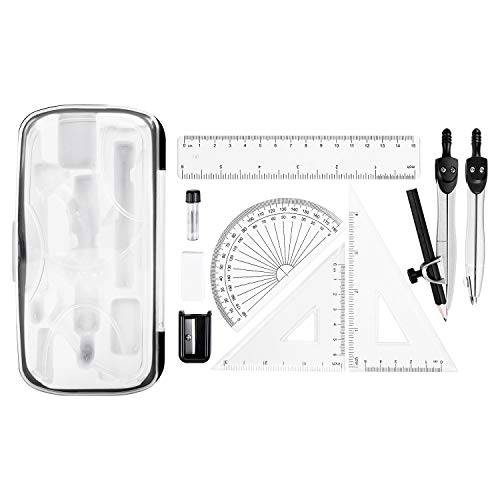 Amazon Basics – Kit para matemáticas de 10 piezas, con compases, lápiz de grafito, goma de borrar, sacapuntas, transportador, triángulo, regla y estuche