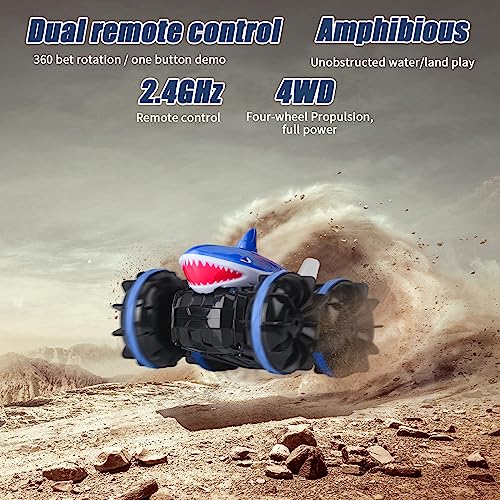 Anfibio Coche Teledirigido 2.4GHz RC 4WD Offroad Vehículo de Radiocontrol, Stunt Car de Rotación de 360° Control Remoto de Mano Impermeable para niños de 3 a 12 años