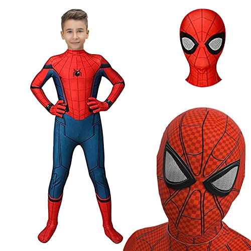 Ansamy Disfraz de Spiderman para niños, superhéroe, disfraz de superhéroe, mono de anime 3D, mono para niño, Halloween, carnaval, cosplay (rojo y azul, 160 (9-10 años))
