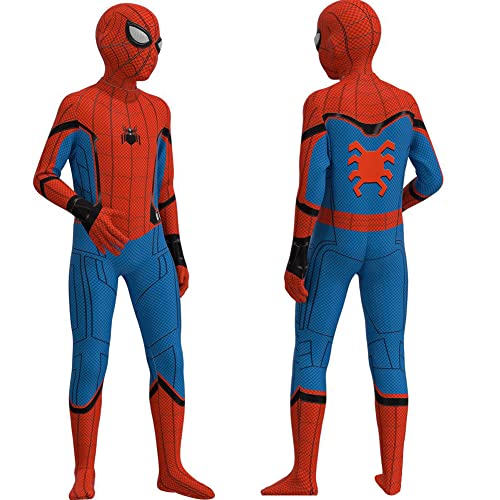 Ansamy Disfraz de Spiderman para niños, superhéroe, disfraz de superhéroe, mono de anime 3D, mono para niño, Halloween, carnaval, cosplay (rojo y azul, 160 (9-10 años))