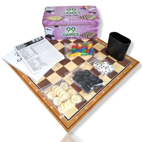 ANTEVIA – Caja de 99 juegos de mesa con bandeja de madera y reglas de los juegos en francés | Formato de viaje | Juego clásico de damas caballos dados peones (99 juegos)