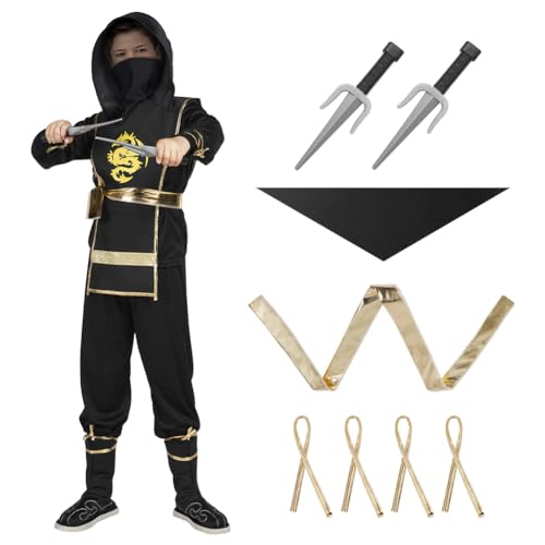 Aoowu Disfraz Ninja para Niño, 3Pcs Disfraz Mono Ninja con Ninja Disfraz y Dagas, Disfraz de Samurai Negro de Ninja para Cosplay Anime, Disfraz Halloween Niño para Fiesta, Carnaval y Cumpleaños