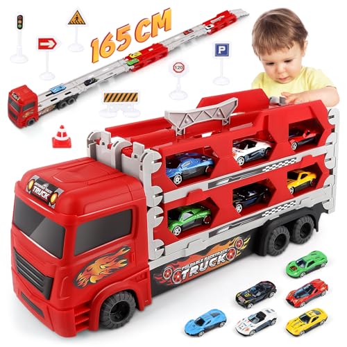 Aoskie Transporte Truck Coche de juguete para niños de 3, 4, 5, 6 años, portátil de carreras con 6 coches de carreras, juego de juguetes para niños