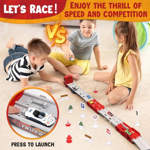 Aoskie Transporte Truck Coche de juguete para niños de 3, 4, 5, 6 años, portátil de carreras con 6 coches de carreras, juego de juguetes para niños