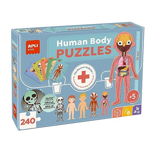 APLI Kids 19438 - Kit Puzles educativos Cuerpo Humano: 5 puzzles de 48 piezas y 15 fichas para aprender todo sobre cuerpo humano. Incluye un puzle fluorescente. Recomendado a partir de 5 años