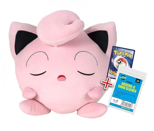 Arkero-G Compatible con Pokemon Figura de peluche Pummeluff 45 cm (durmiendo), juguete de peluche + tarjeta de Pummeluff y mangas blandas Arkero-G
